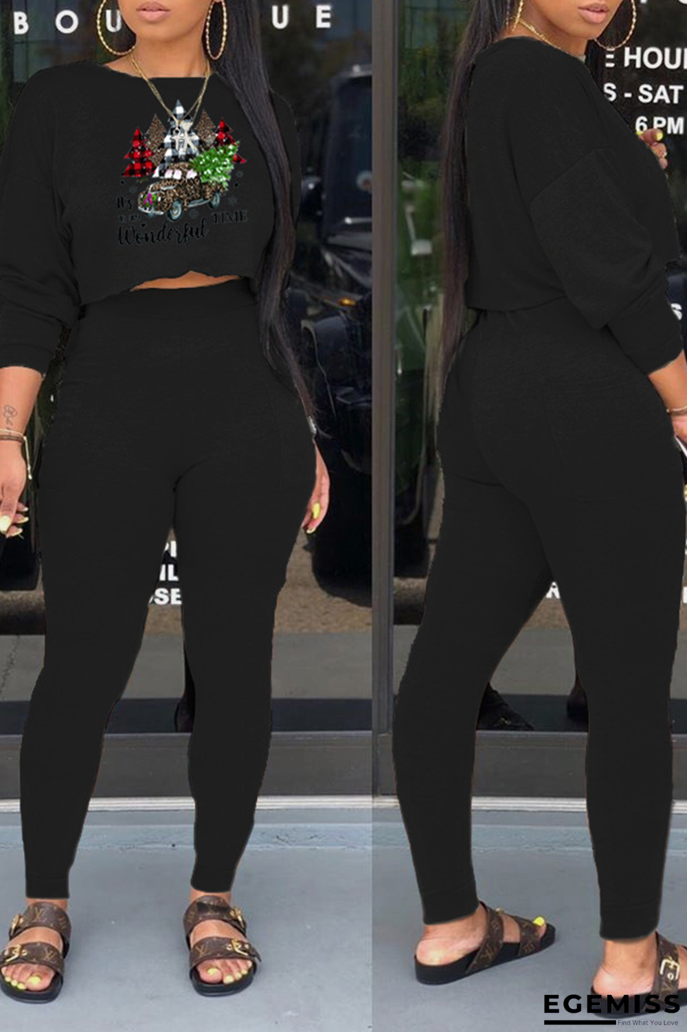 Black Casual Print Patchwork O Neck Long Sleeve Two Pieces | EGEMISS