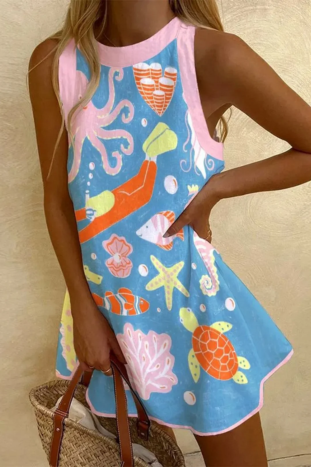 Women's Sleeveless Cartoon  Marine Life Printed Dress