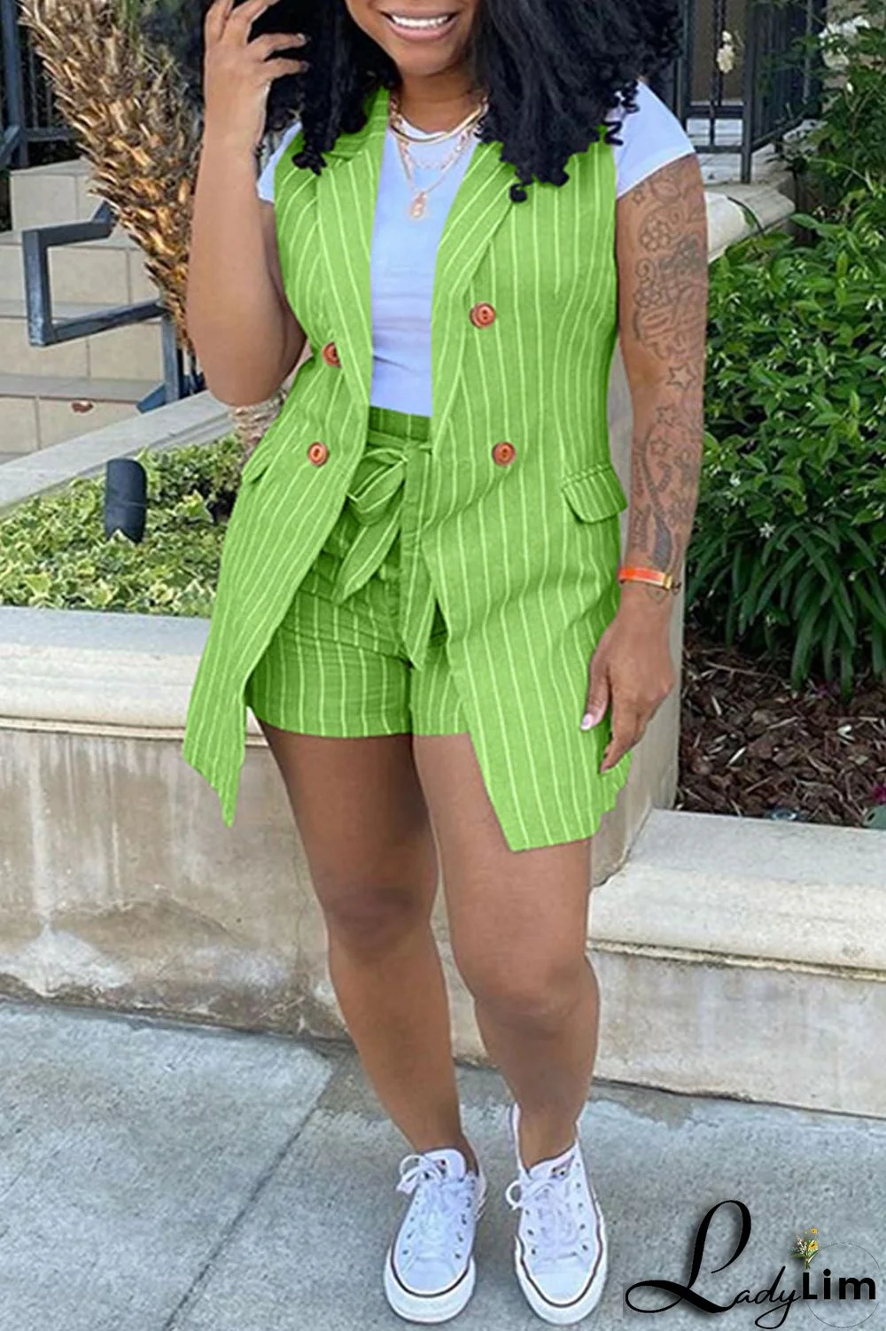 Black Fashion Casual Striped Print Patchwork Cardigan Turndown Collar Plus Size Two Pieces (Without T-shirt)