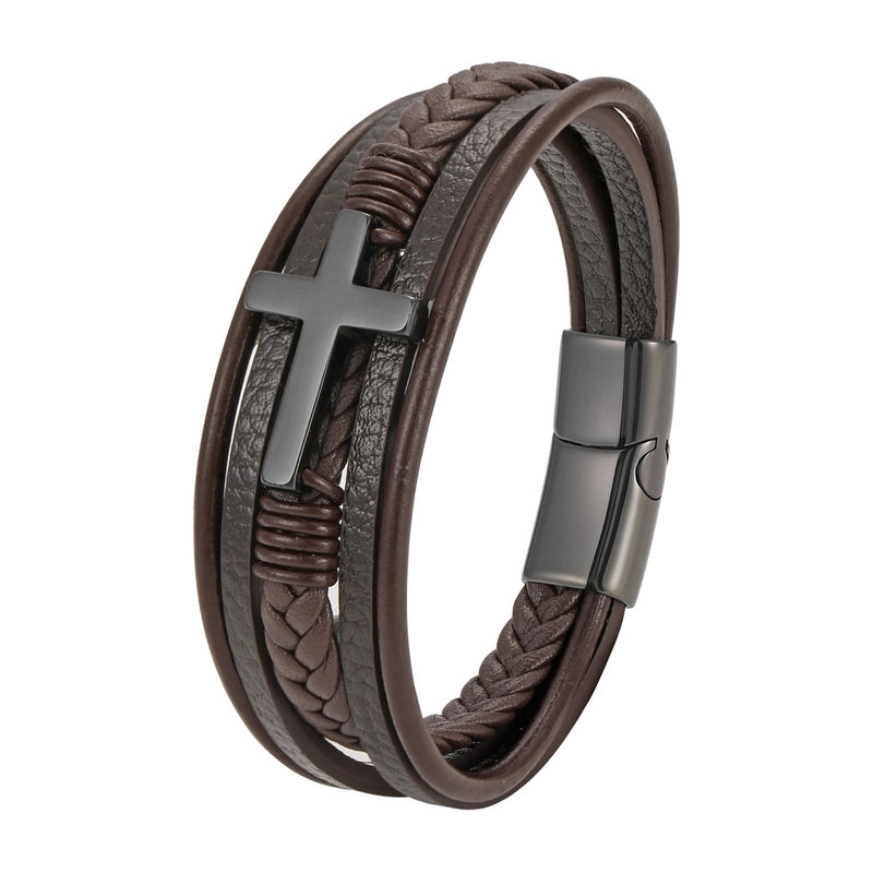 Brown Multi-layer Leather Men’s Cross Bracelet Leather Rope Woven Jewelry Stainless Steel Bracelet Genuine Leather Magnet Buckle