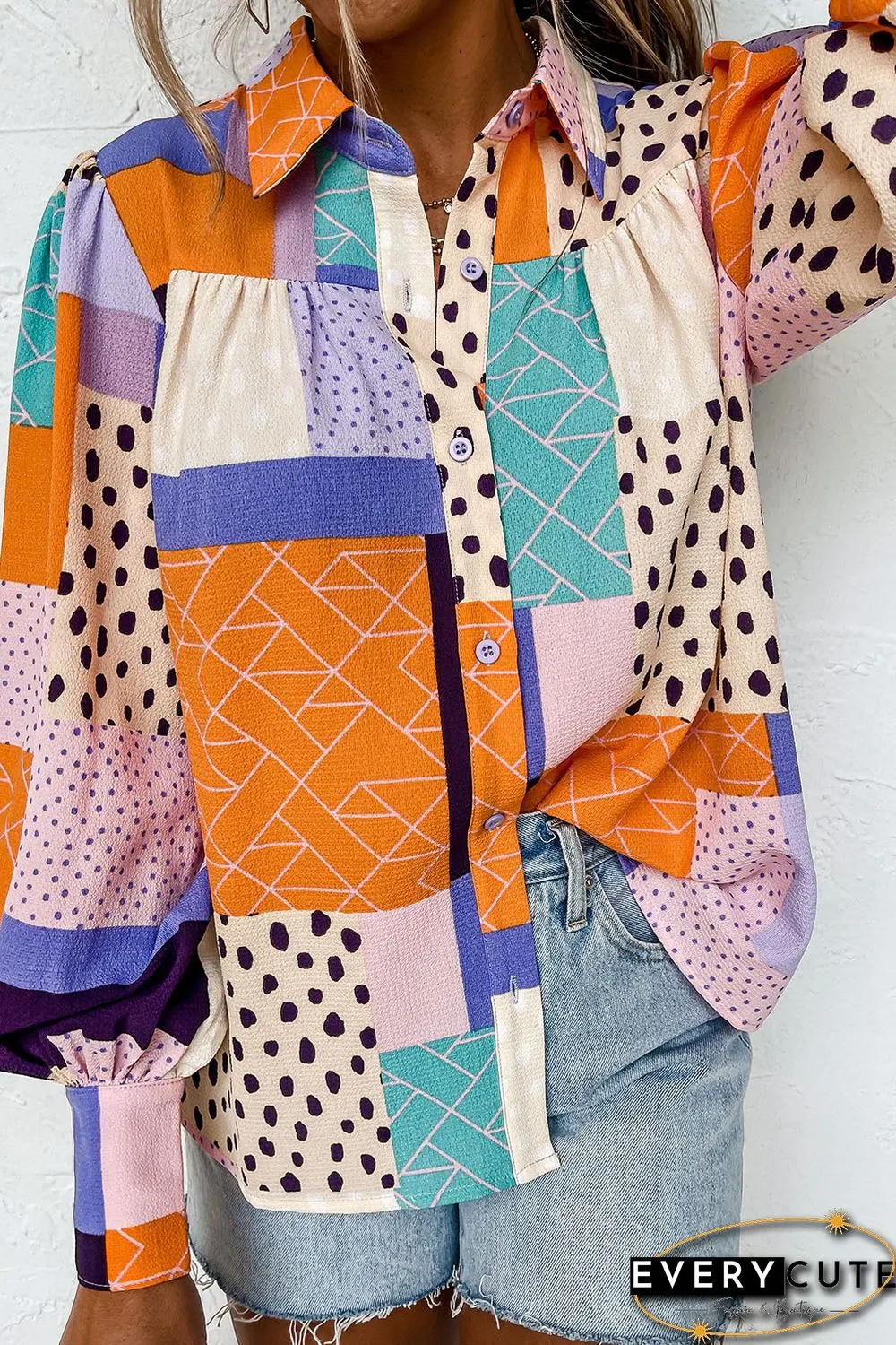 Multicolor Mixed Print Button Front Cuffed Sleeve Shirt