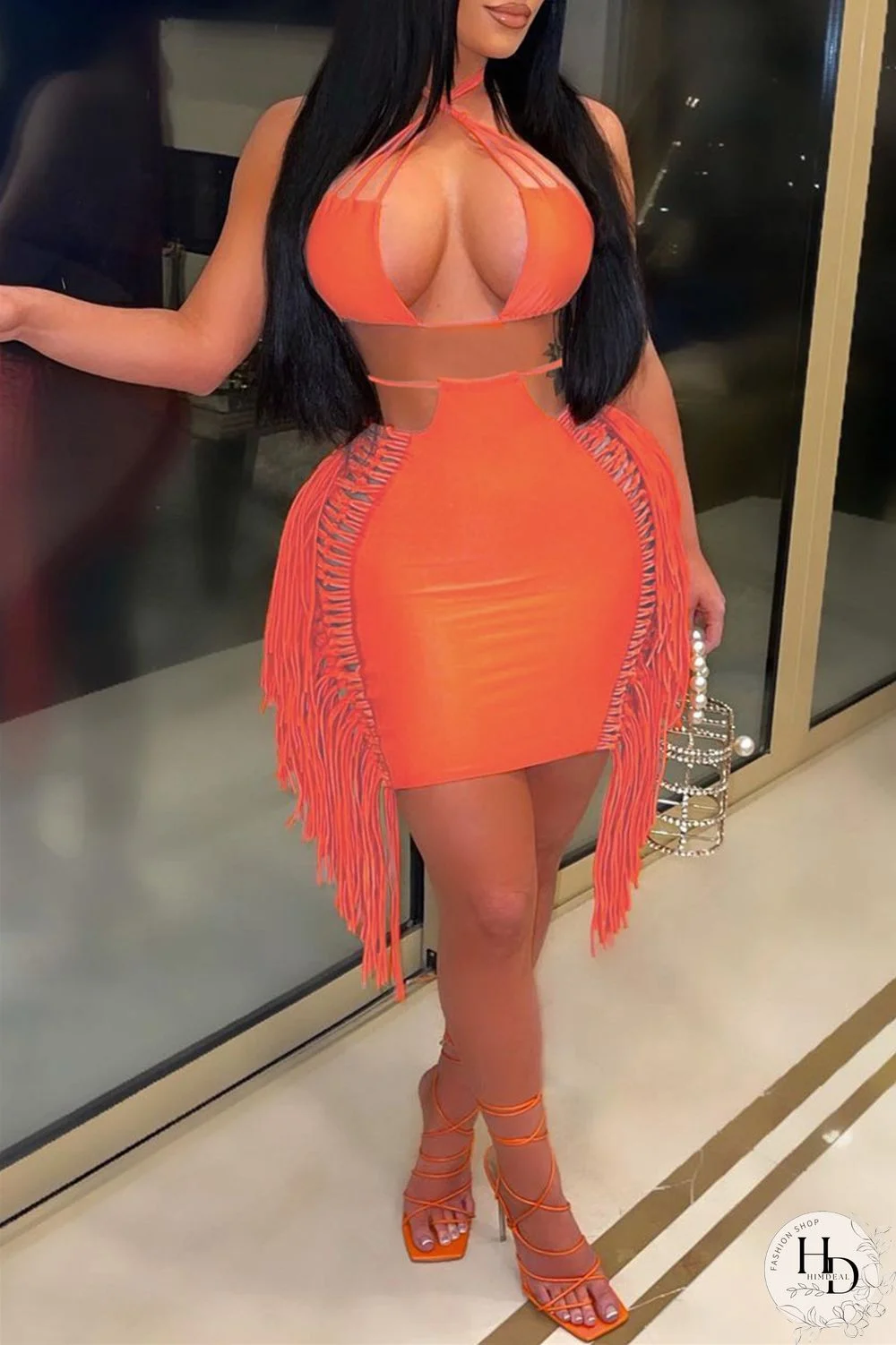 Black Sexy Solid Tassel Bandage Hollowed Out Backless Halter Sleeveless Two Pieces