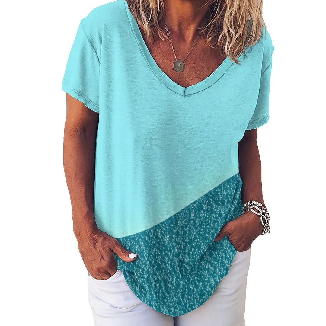 V-neck Short Sleeve Casual T-shirt for  Women Printed with Pattern Turquoise, Glitter, Patchwork
