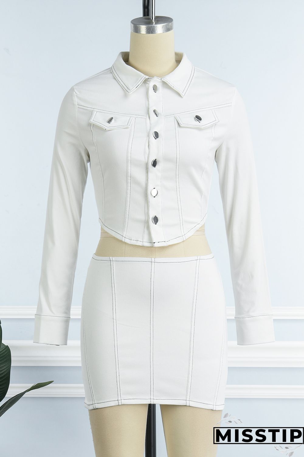 White Casual Solid Patchwork Turndown Collar Long Sleeve Two Pieces