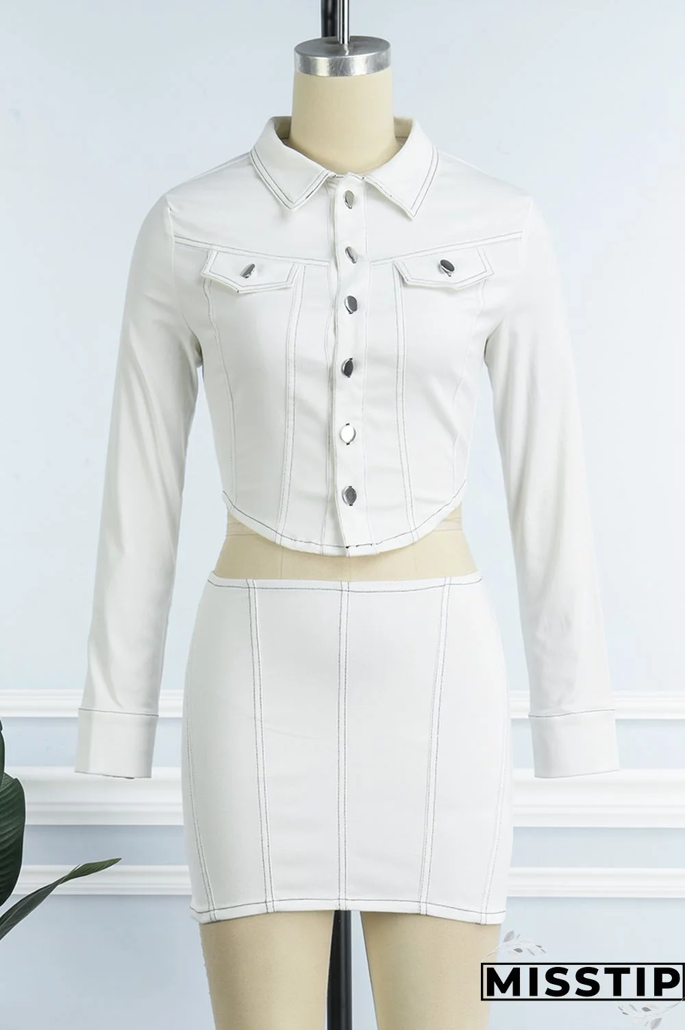 White Casual Solid Patchwork Turndown Collar Long Sleeve Two Pieces