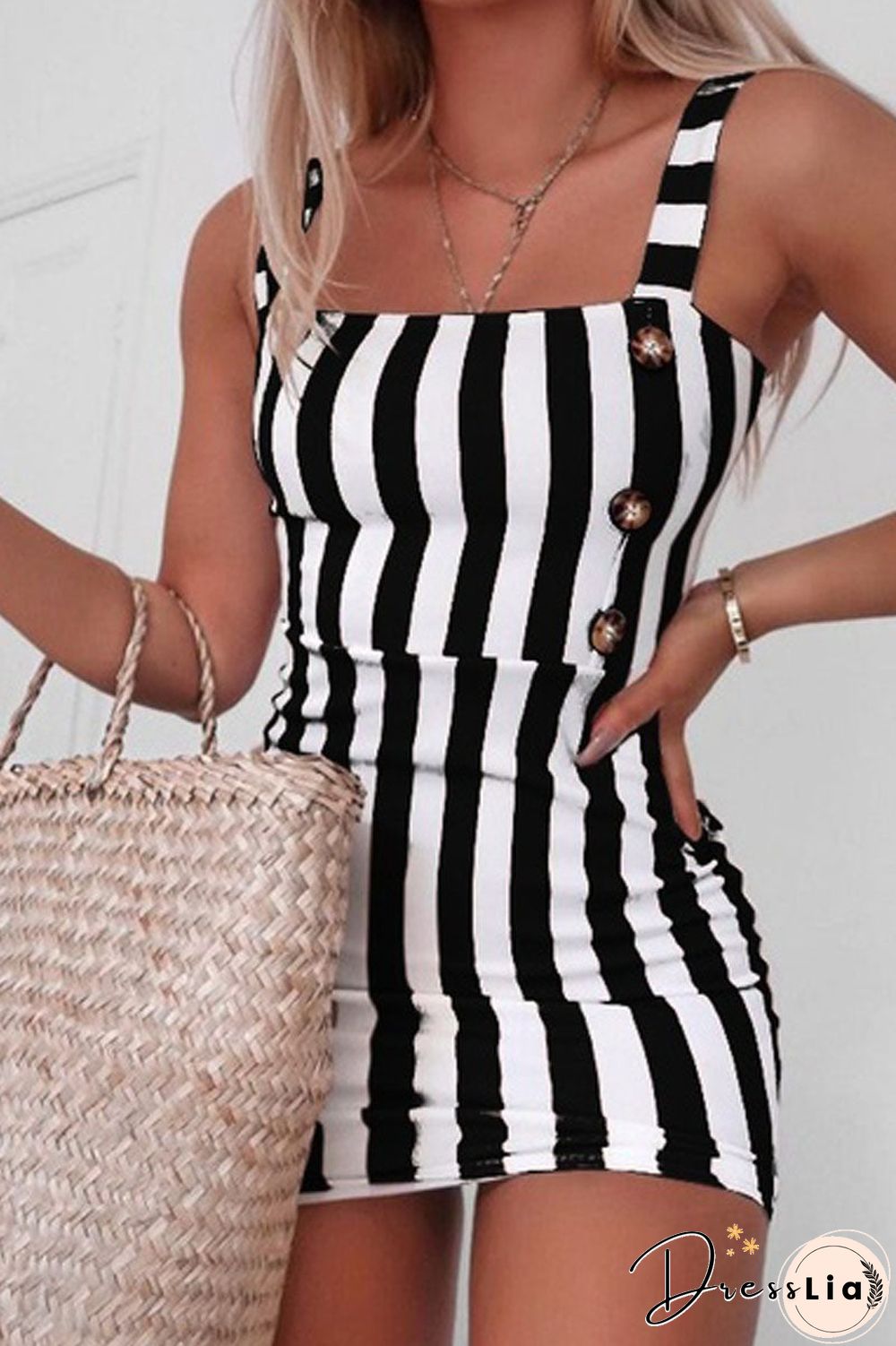 Halter Striped Print Button Mini Dress