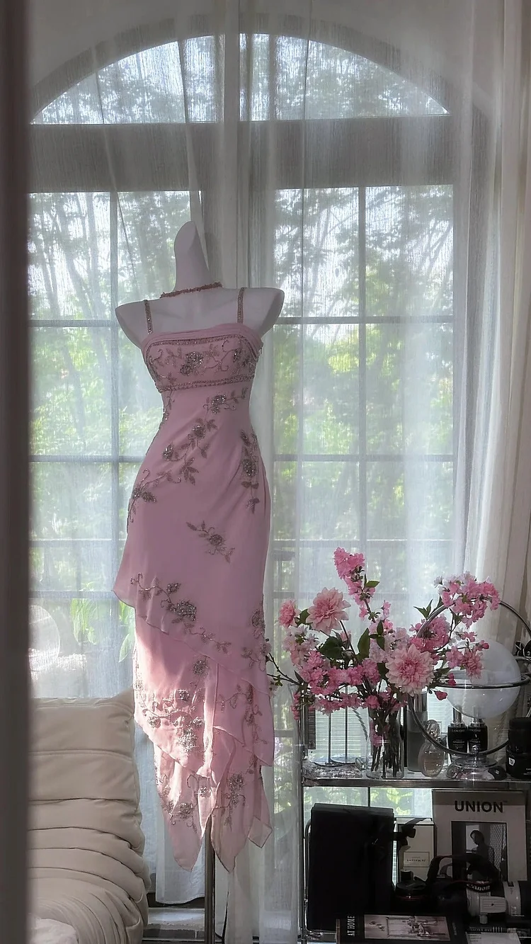 Pink Floral Beading Elegant Long Chiffon Ball Gown Evening Dress Party Dress