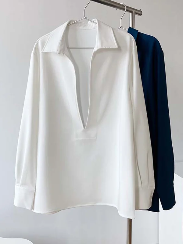 Long Sleeves Loose Solid Color Lapel Blouses