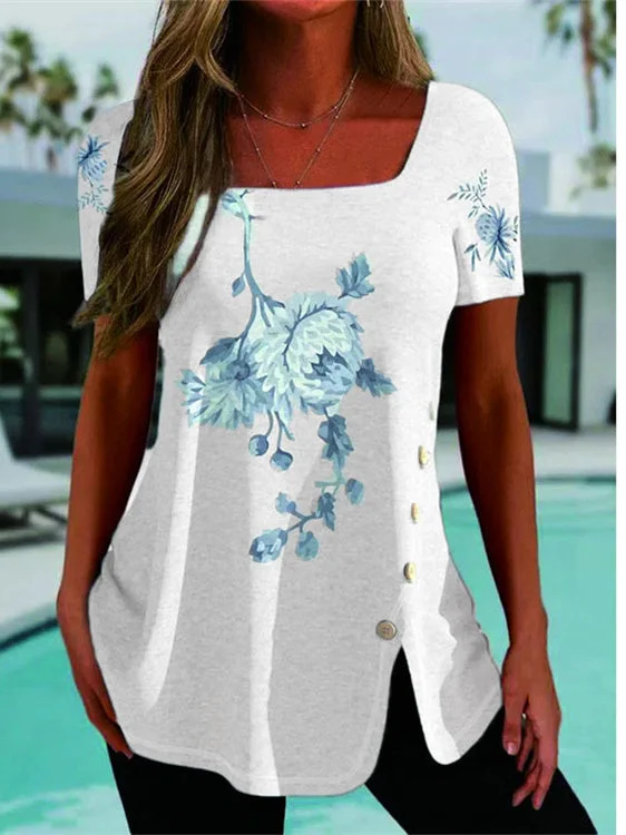 Women Short Sleeve U-neck Floral Printed Tops