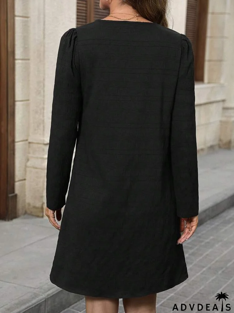 Blue Textured Fabric, Small Notched V-Neck,Fall Women Dresses