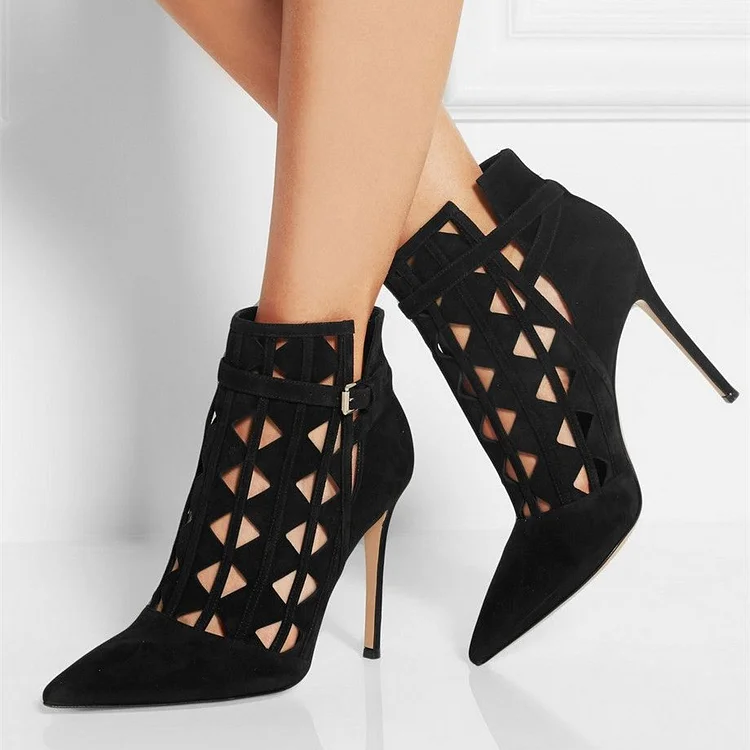 Black Cut-out Ankle Buckle Booties Pointed Toe Stilettos Ankle Boots |FSJ Shoes
