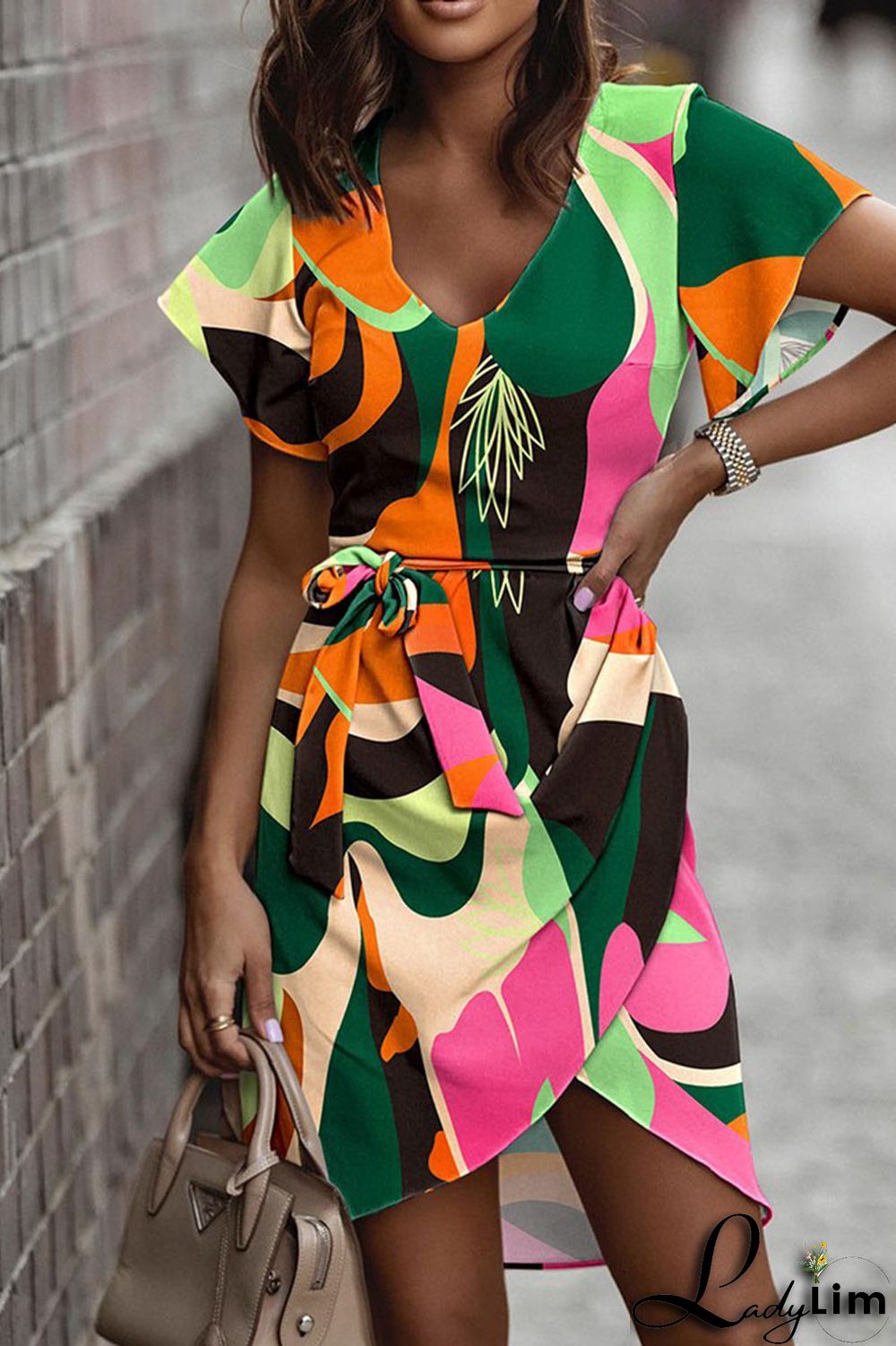 Green Casual Print Bandage Patchwork V Neck Irregular Dress Dresses