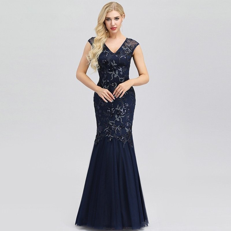 Charming Navy Blue Evening Dress Appliques V-Neck Mermaid Prom Gowns Online