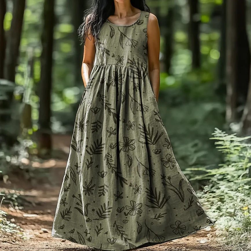 Women's Botanical Floral Art Pattern Print Crew Neck Sleeveless Cotton Pocket Dress