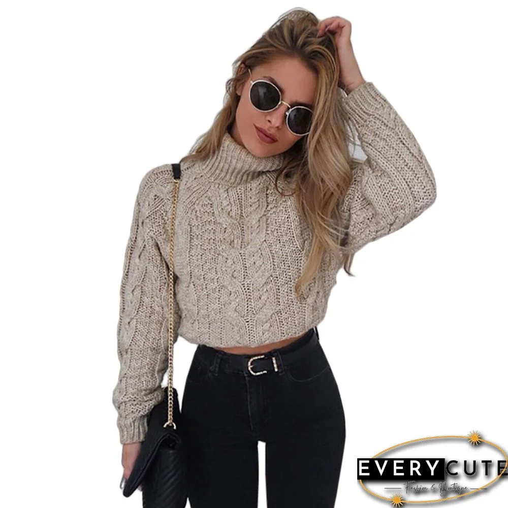 Khaki High Neck Long Sleeve Crop Sweater