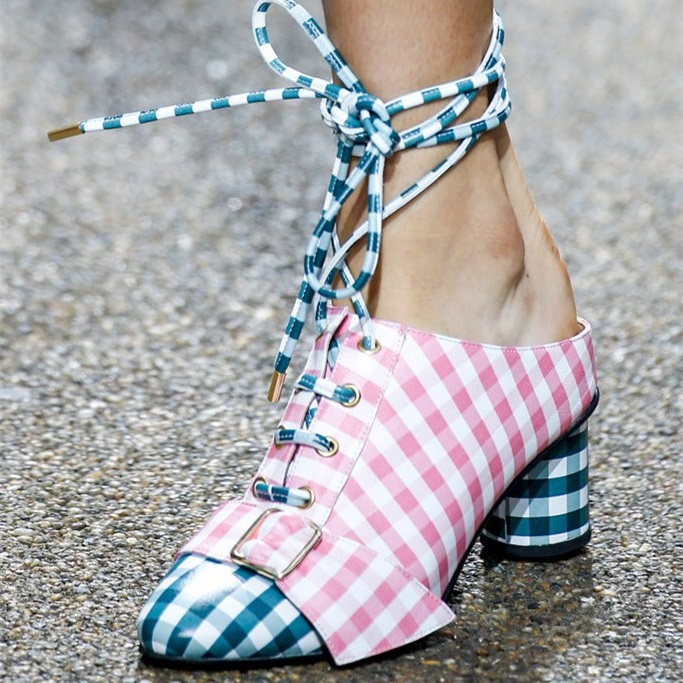 GOOSHOE Pink and Blue Plaid Chunky Heels Ankle Strap Pumps