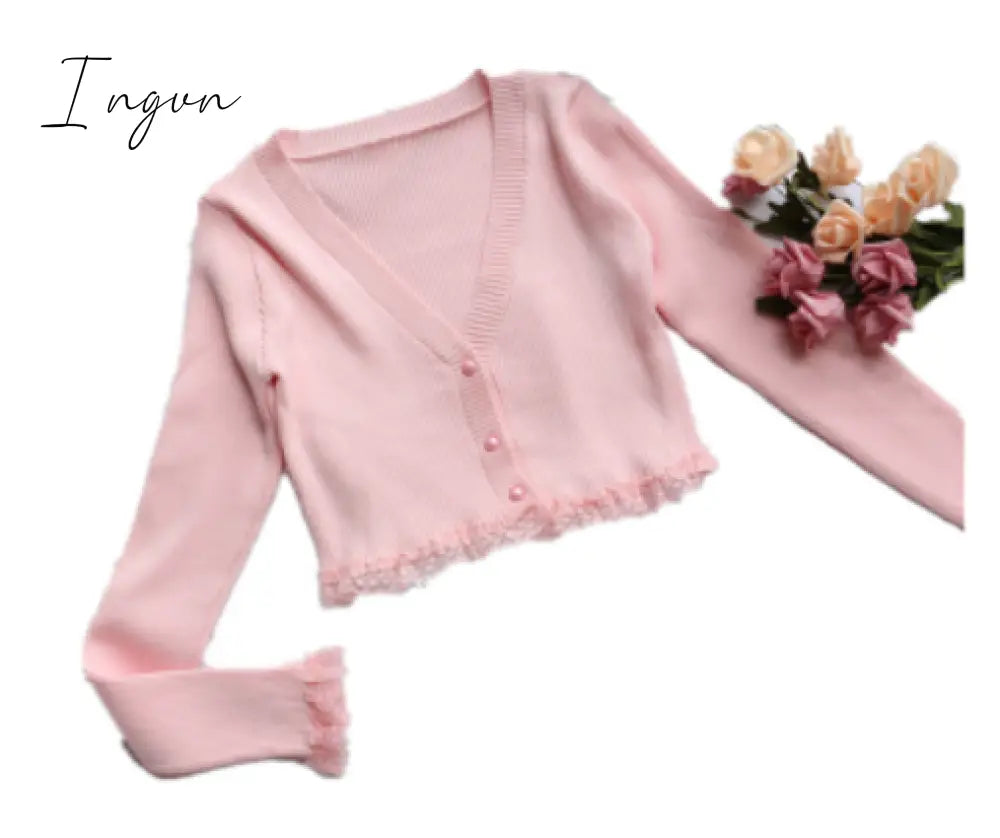 Ingvn - Kawaii Fairycore Pink Sweater Women Aesthetic Streetwear Long Sleeve Crop Tops Y2K E - Girl