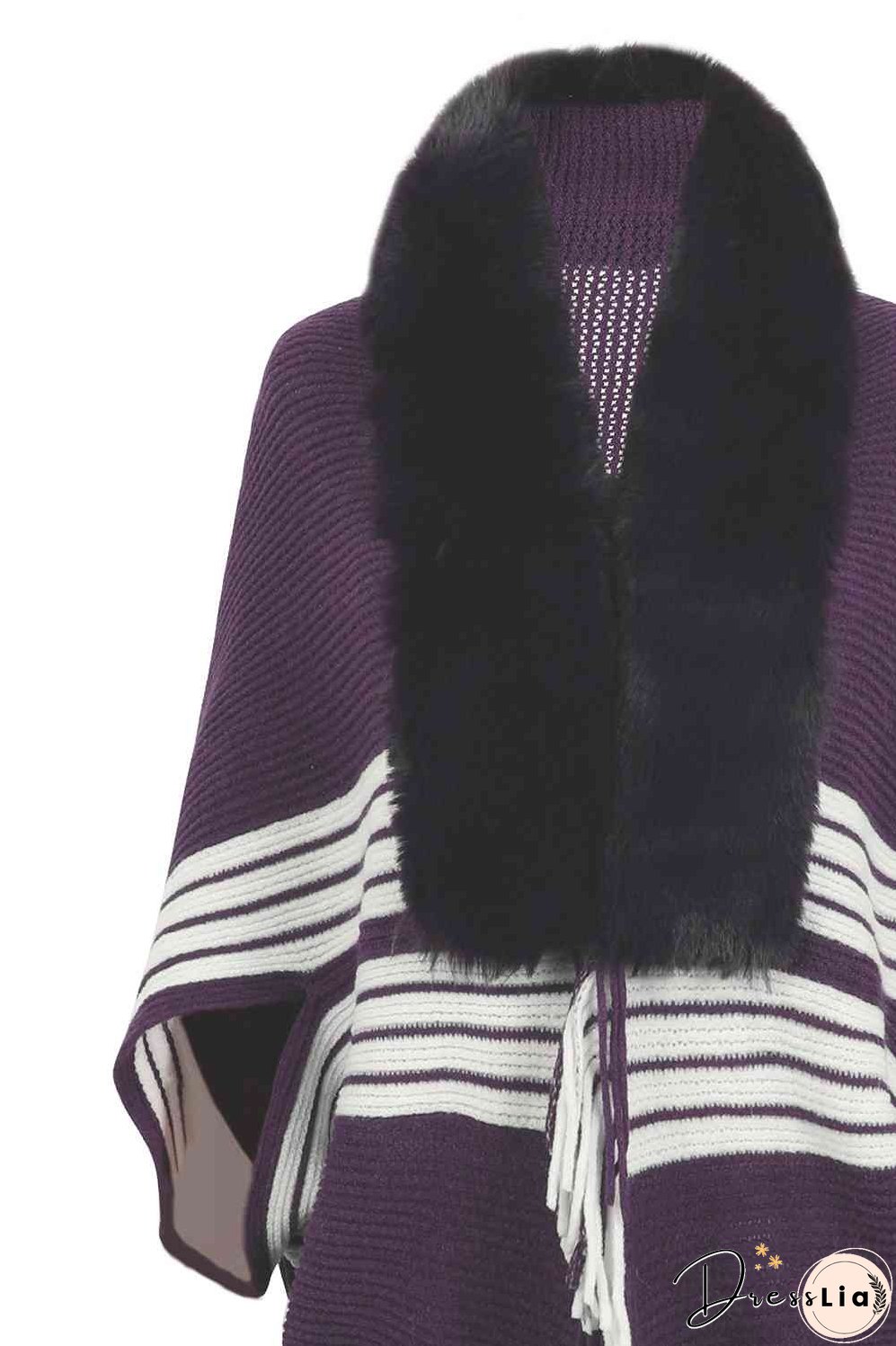 Striped Fringe Detail Long Sleeve Poncho