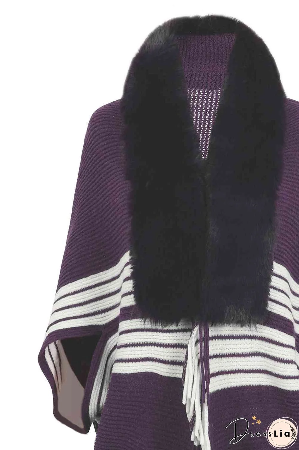 Striped Fringe Detail Long Sleeve Poncho