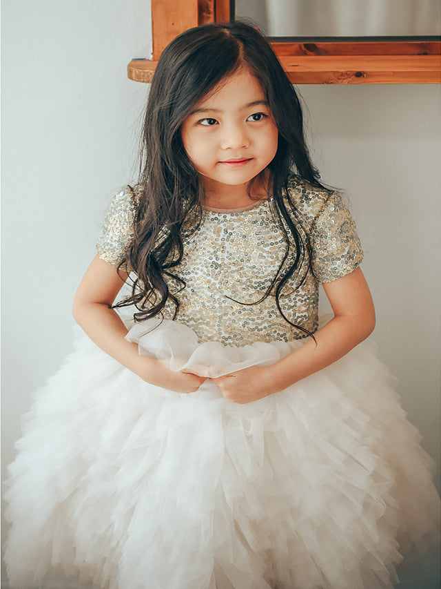 Oknass Ball Gown Short Sleeve Jewel Neck  Flower Girl Dresses Tulle With Paillette Sequins