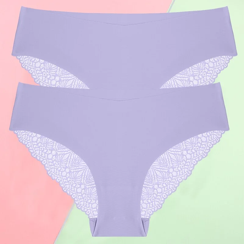 FINETOO 2PCS/Set S-XL Sexy Women Seamless Lace Pantys 6 Solid Colors Breathable Panties Lace Underwear For Girls Thong Lingerie