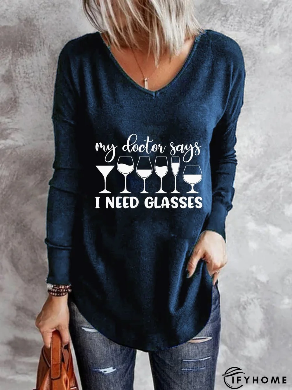 Long Sleeve V Neck Printed Top Tunic T-Shirt | IFYHOME