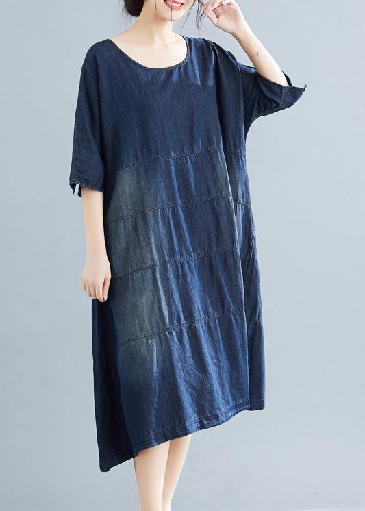 Vivid denim blue cotton quilting dresses Boho Fabrics o neck Kaftan summer Dresses