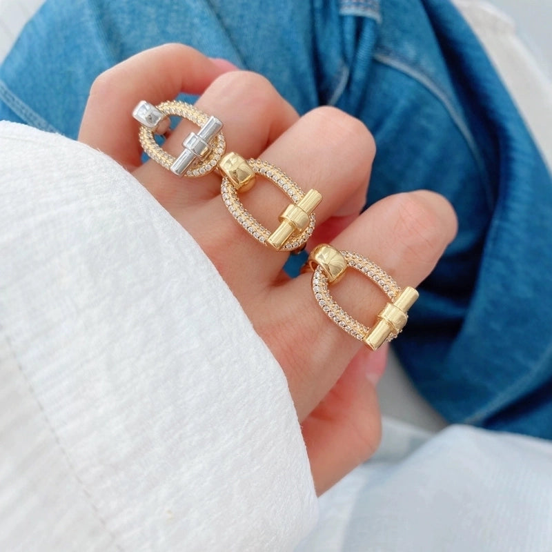 2 Pieces IG Style Oval Copper Zircon 18K Gold Plated Mixed Metal Plating Inlay Rings