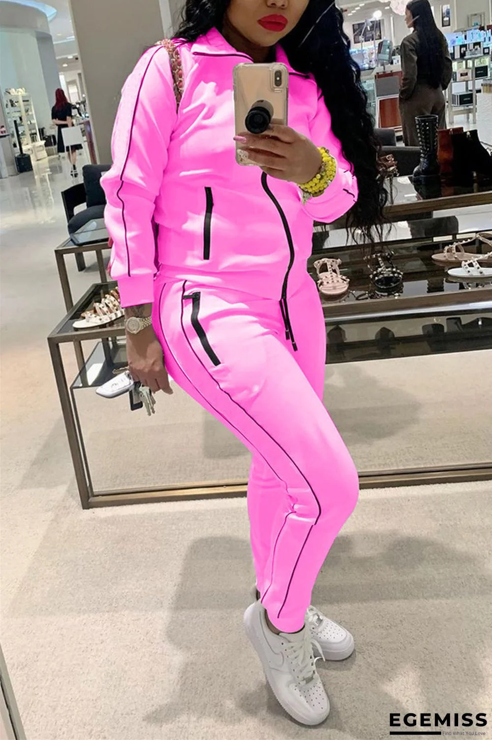 Pink Elegant Solid Patchwork Turndown Collar Long Sleeve Regular Sleeve Two Pieces | EGEMISS