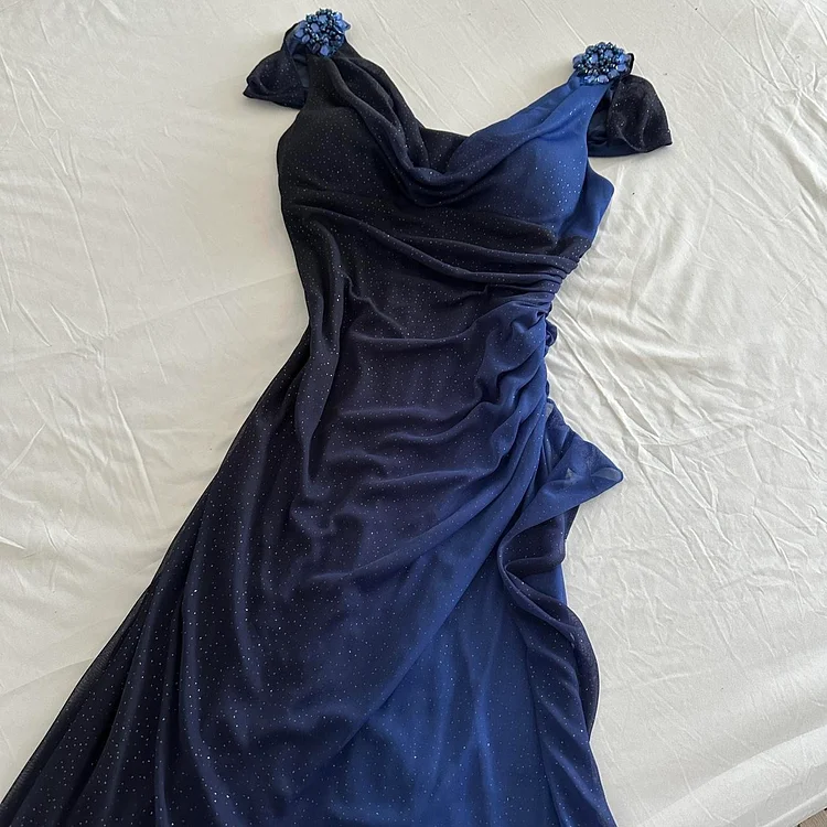 Dark Blue Ombre Stunning Sparkling Retro Fashion Stunning Elegant Delicate Rhinestone Long Chiffon Ball Gown Evening Gown Birthday Party Dress Prom Gown Graduation Gown