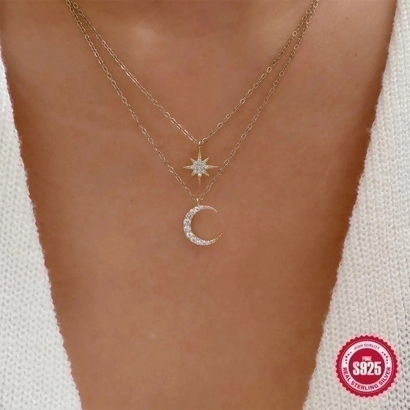 925 Sterling Silver Zircon Cable Chain Plating Inlay Star Moon Double Layer Necklaces