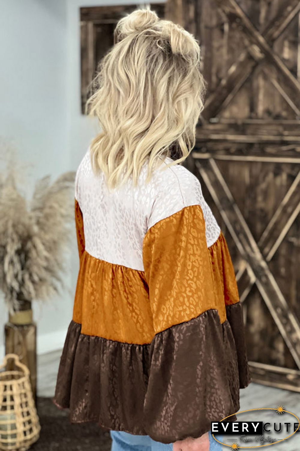 Leopard Color Block Balloon Sleeve Blouse