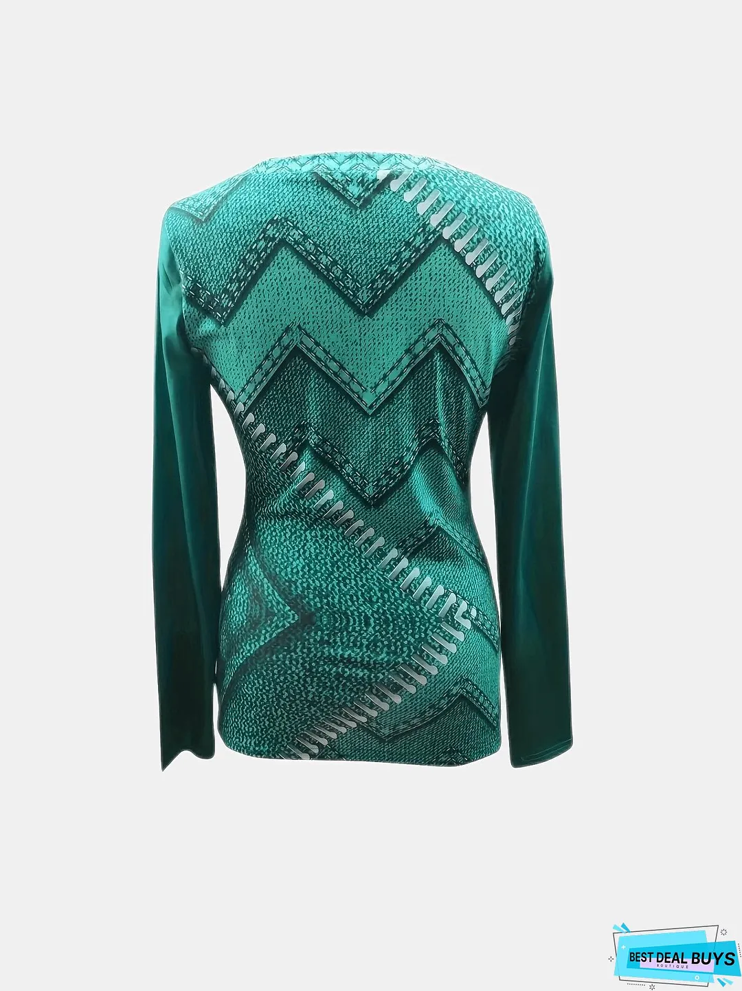 Denim Print Crew Neck Keyhole T-Shirt, Casual Long Sleeve T-Shirt For Spring & Fall, Women's Clothing