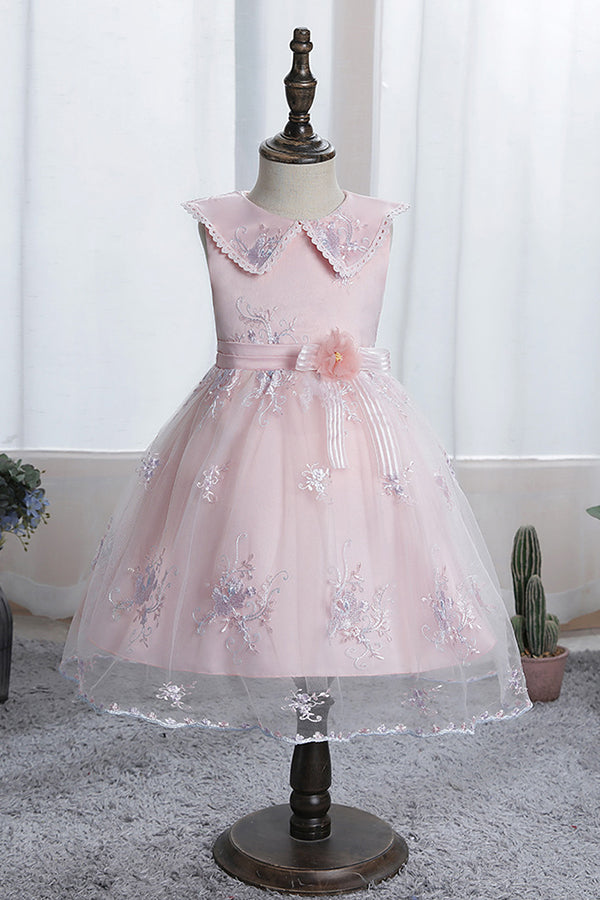 Oknass Blue Appliques Tulle Knee Length Flower Girl Dress