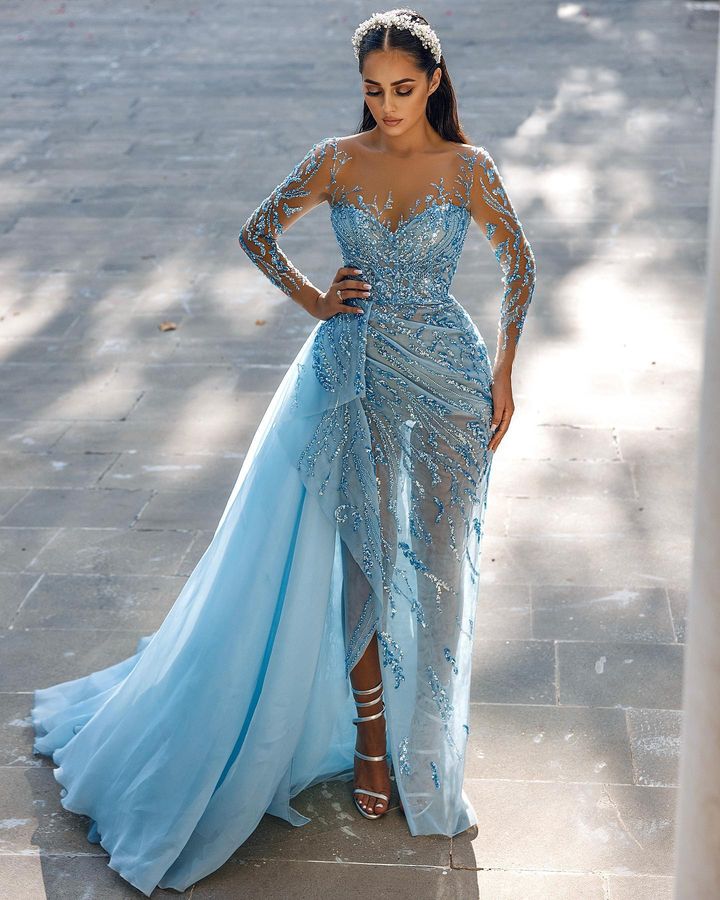 Luxury Beaded Blue Long Sleeves Evening Dresses with Overskirt  LA72757