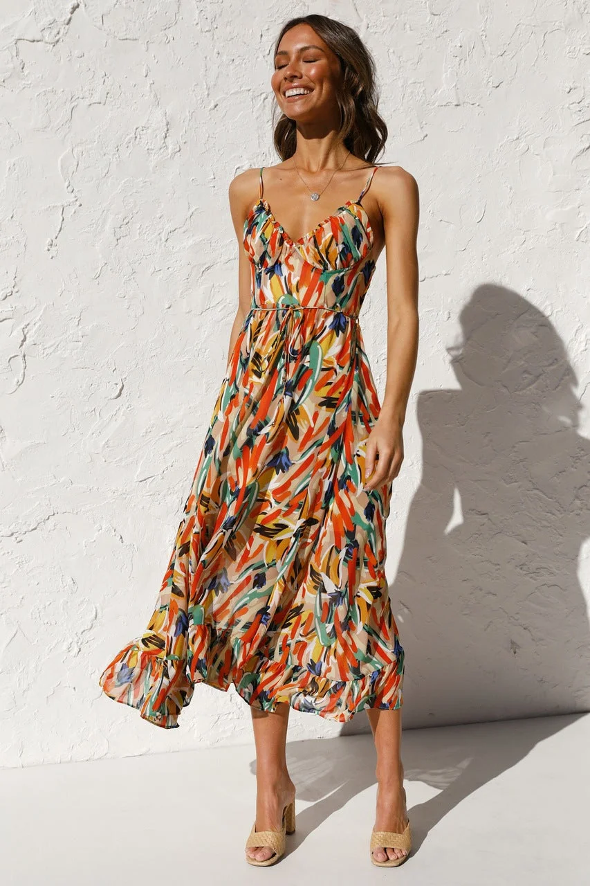 Uveng Summer Printed Ruffle Sleeveless Dress Dresses