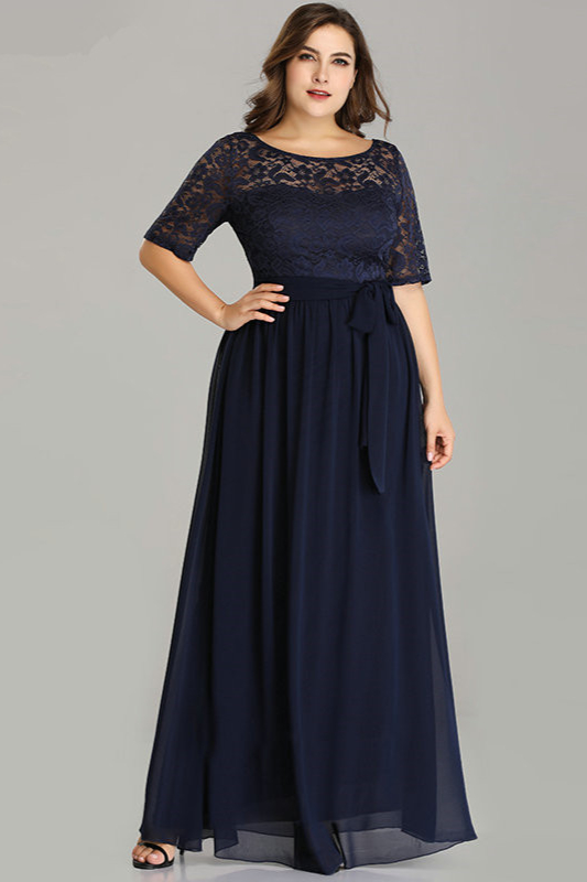 Gorgeous Half Sleeve Lace Long Chiffon Plus Size Evening Gowns Online