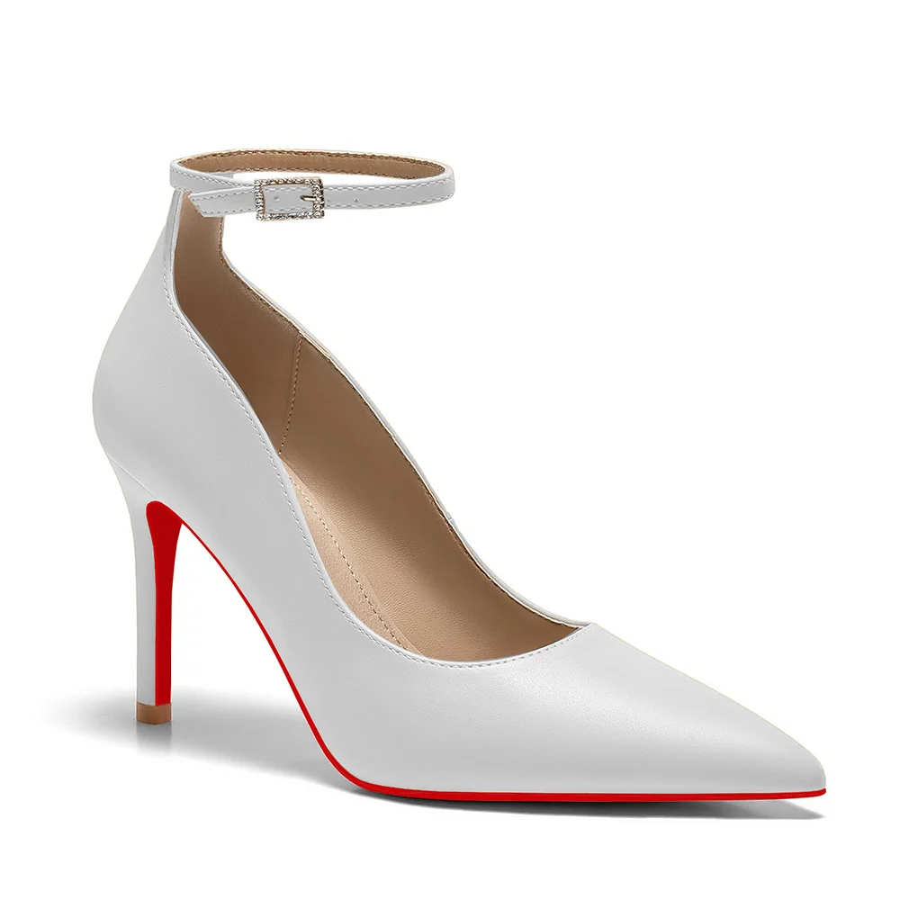 100mm Women's Stiletto Heels Classic Pointed Toe Red Bottom Pumps Matte Shoes Ankle Strap Pumps-MERUMOTE