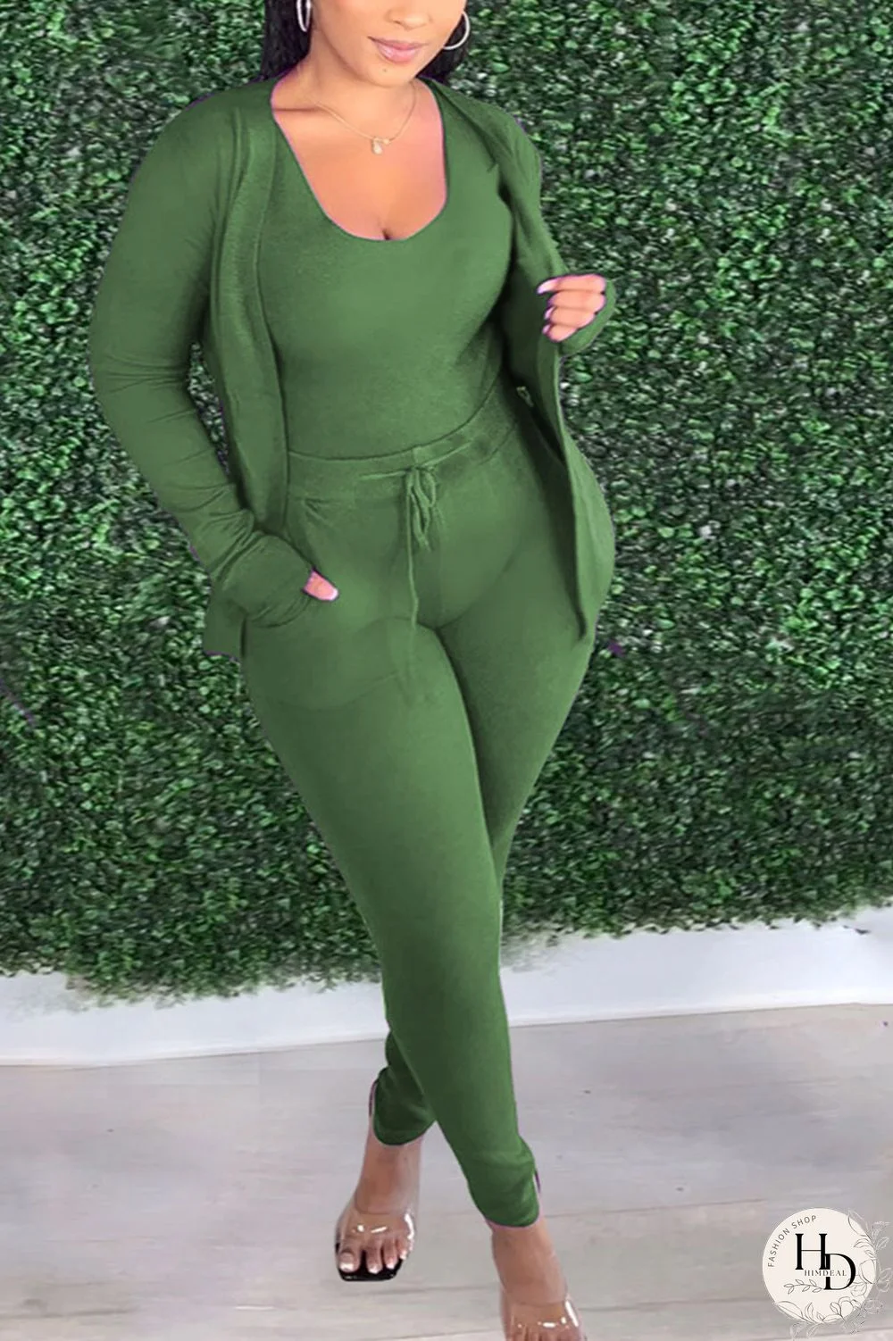 rose red Sportswear Solid O Neck Long Sleeve Regular Sleeve Two Pieces