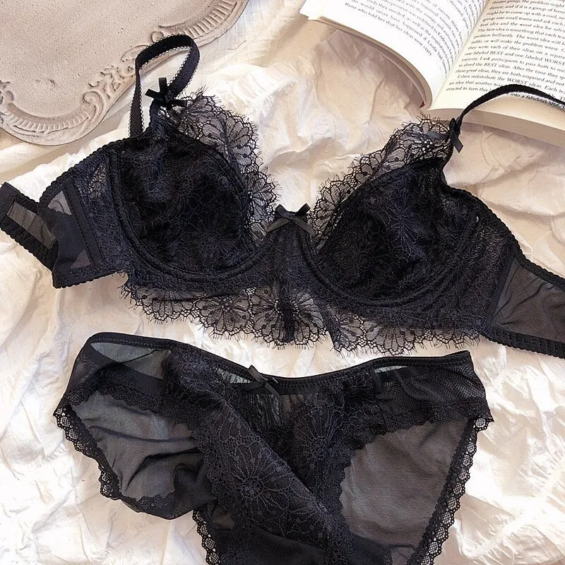 Wriufred Sexy ultra-thin lace bralette memory steel ring romantic daisy eyelashes lingerie set gathered underwear set bras