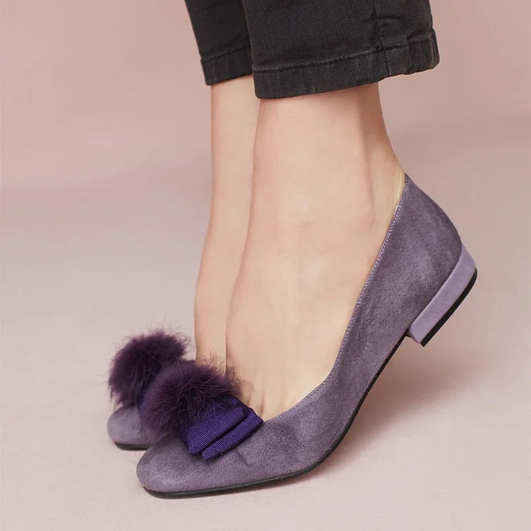 Navy Cute Pom Pom Shoes Suede Square Toe Flat with Bow |FSJ Shoes
