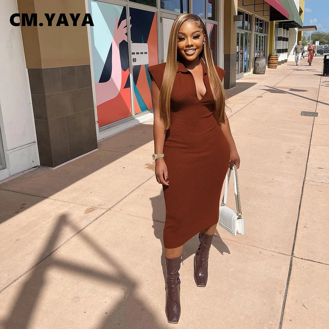 CM.YAYA 2022 Womem Summer Bodycon Bandage Turn-down Neck Midi Dress Sexy Party Evening Club Dresses