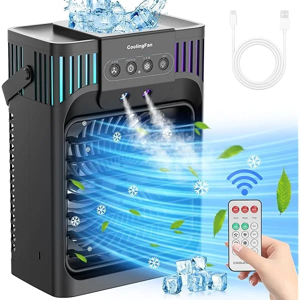 Portable Air Conditioners Fan, Evaporative Air Cooler with Remote, 1200ml Tank Air Conditioner,3 Speed Humidify & 7 LED Light, 2-8H Timer, Cooling Fan Detachable Personal Air Conditioner for Room Black