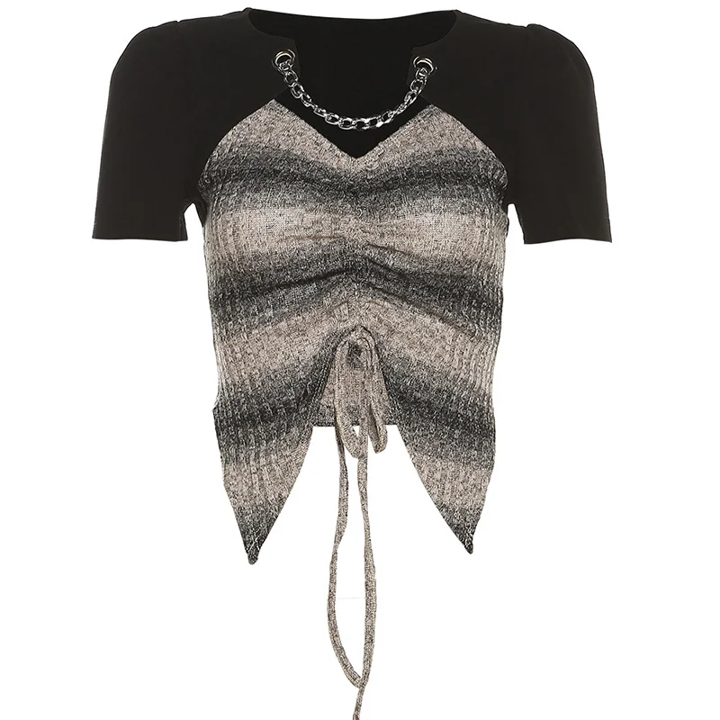 Colourp Colourp Summer New Women's Solid Color Slim Crop Fashion Pull Out Chain Crop T-Shirt Women