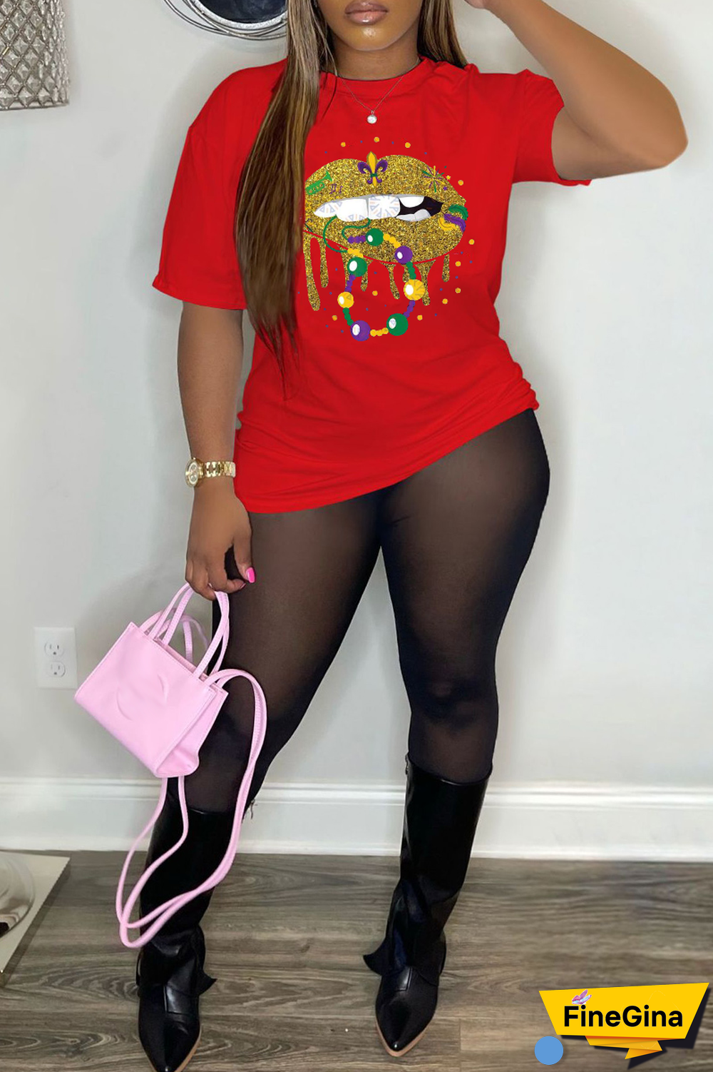 Grey Party Vintage Lips Printed Patchwork O Neck T-Shirts