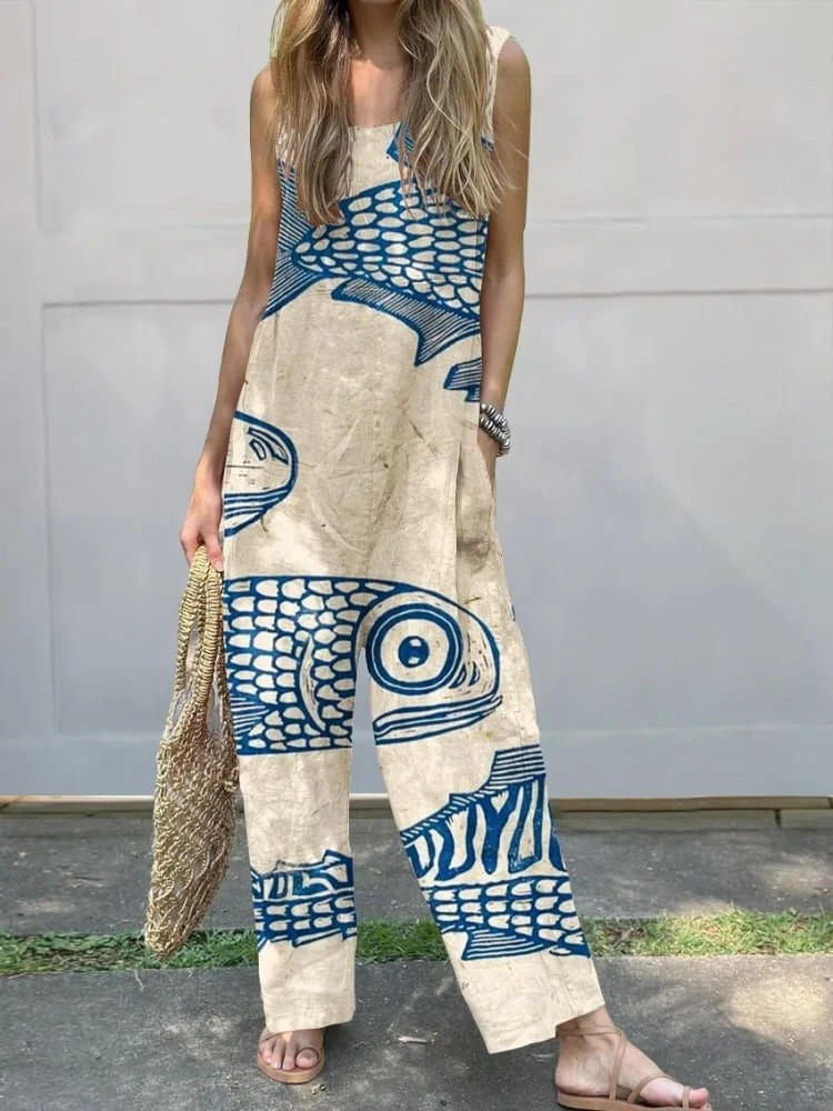 Women's Blue Minimalist Sardines Print Casual 100% Cotton Wide Leg Jumpsuit