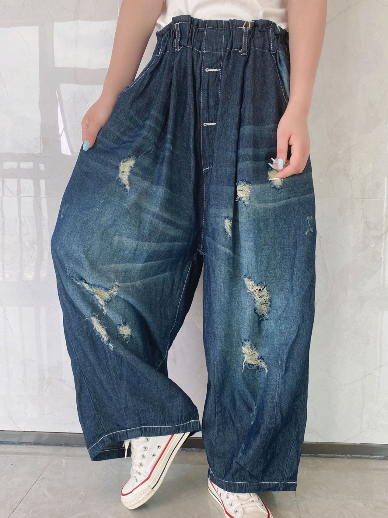 Women's Hole Casual Wide Leg Ripped Denim Cropped Pants