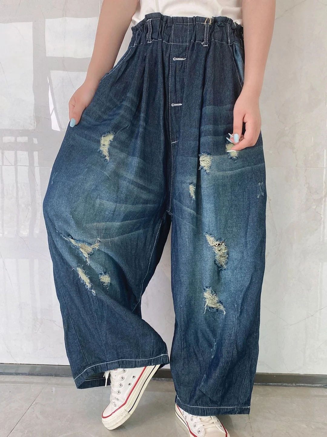 Women's Hole Casual Wide Leg Ripped Denim Cropped Pants