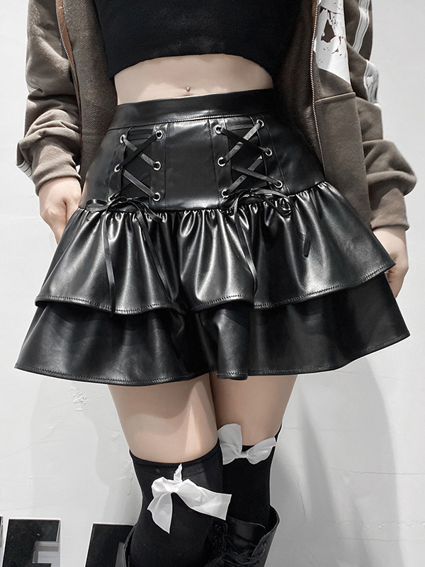 Statement Lace Up Paneled Back Zipper PU Double Layered Skirt