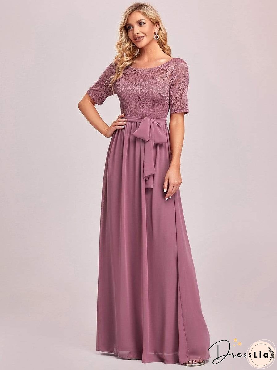 Sophisticated Lace Bodice Chiffon Maxi Evening Gown with Belt for Elegant Occasions